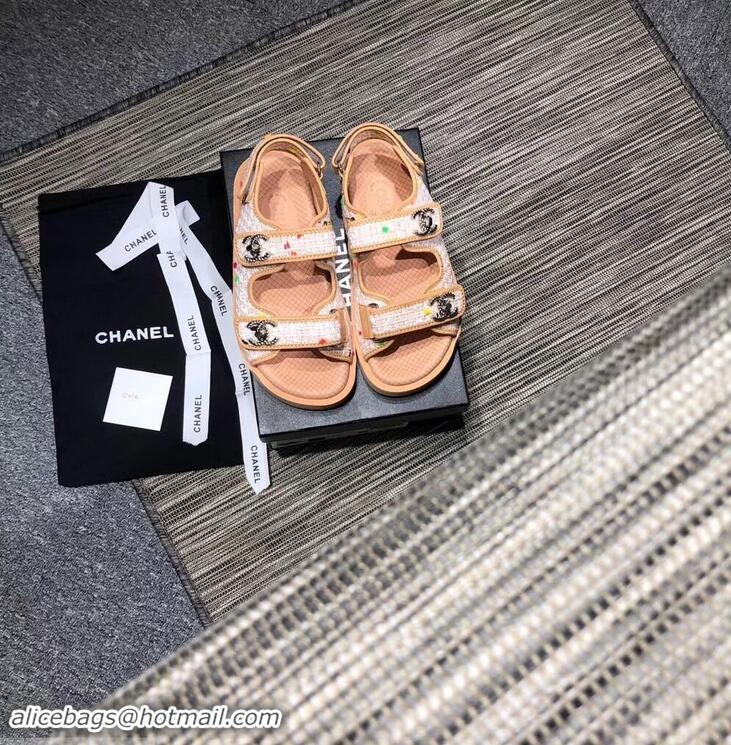 Buy Cheap Chanel Tweed CC Logo Magic Loop Sandals G34726 Beige 01 2019