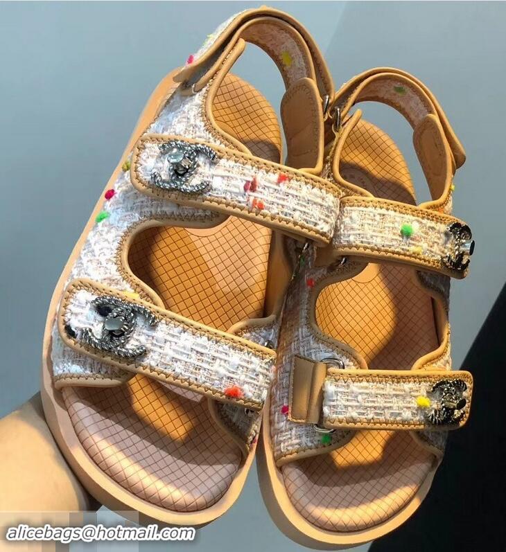 Buy Cheap Chanel Tweed CC Logo Magic Loop Sandals G34726 Beige 01 2019