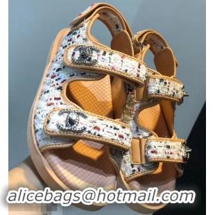 Best Imitation Chanel Tweed CC Logo Magic Loop Sandals G34726 Beige 02 2019