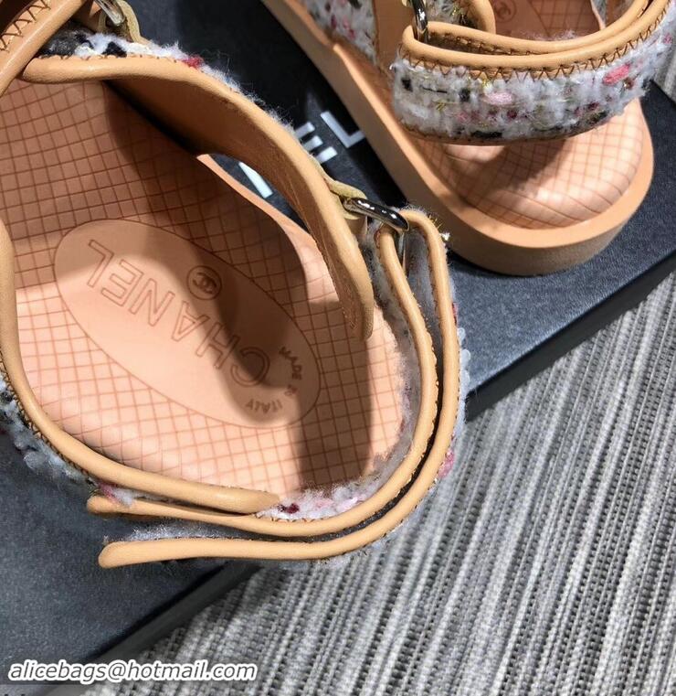 Best Imitation Chanel Tweed CC Logo Magic Loop Sandals G34726 Beige 02 2019