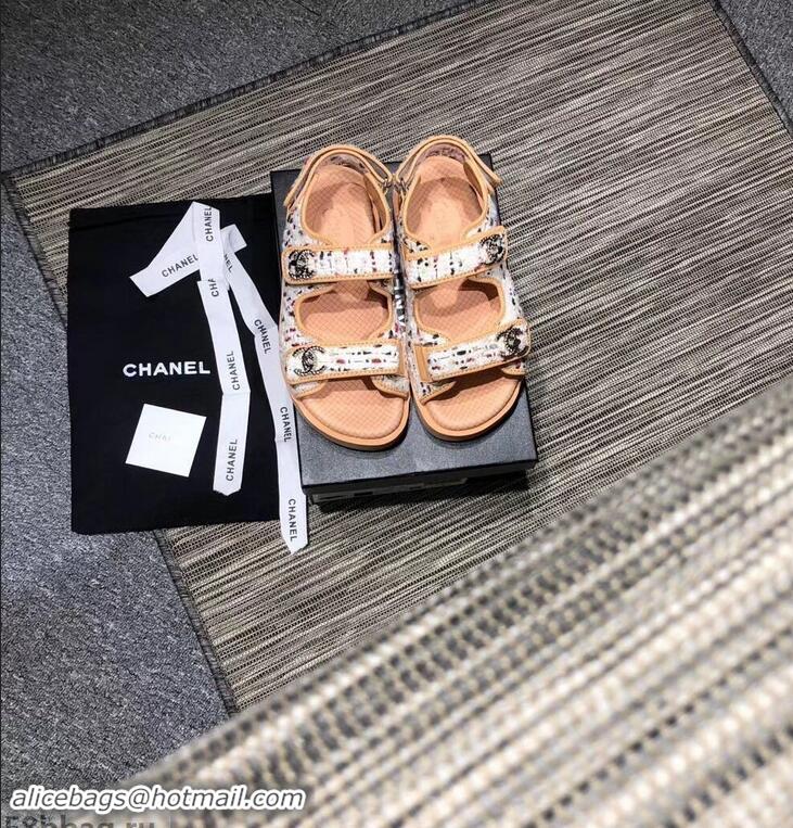 Best Imitation Chanel Tweed CC Logo Magic Loop Sandals G34726 Beige 02 2019