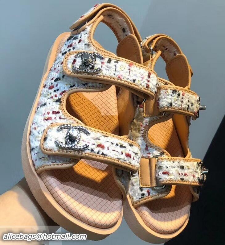 Best Imitation Chanel Tweed CC Logo Magic Loop Sandals G34726 Beige 02 2019