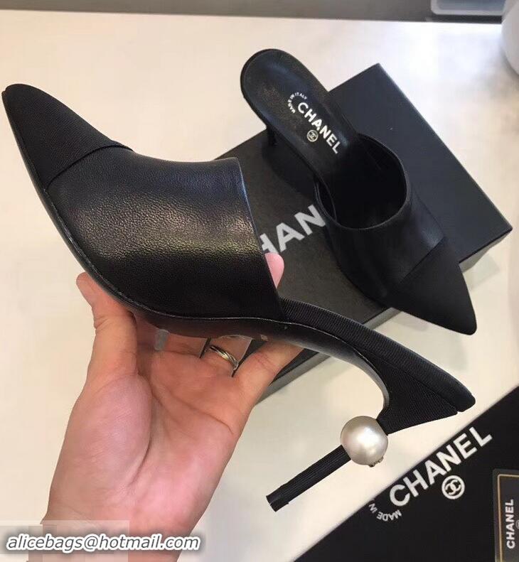 New Cheapest Chanel Pearl Heel 8.5cm Mules G32100 Black 2019