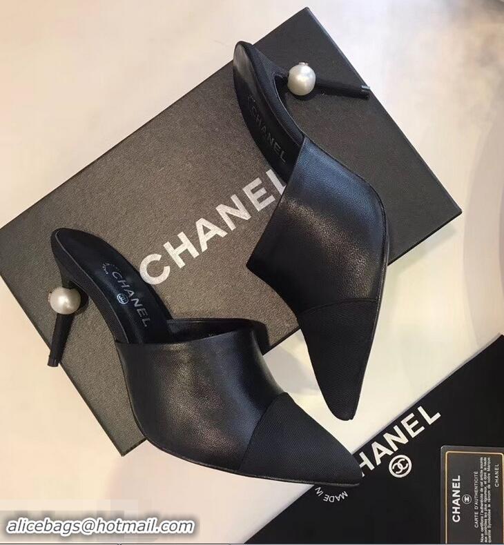 New Cheapest Chanel Pearl Heel 8.5cm Mules G32100 Black 2019