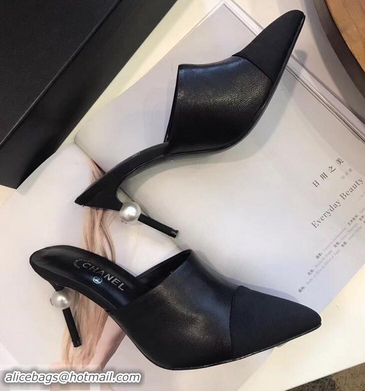 New Cheapest Chanel Pearl Heel 8.5cm Mules G32100 Black 2019