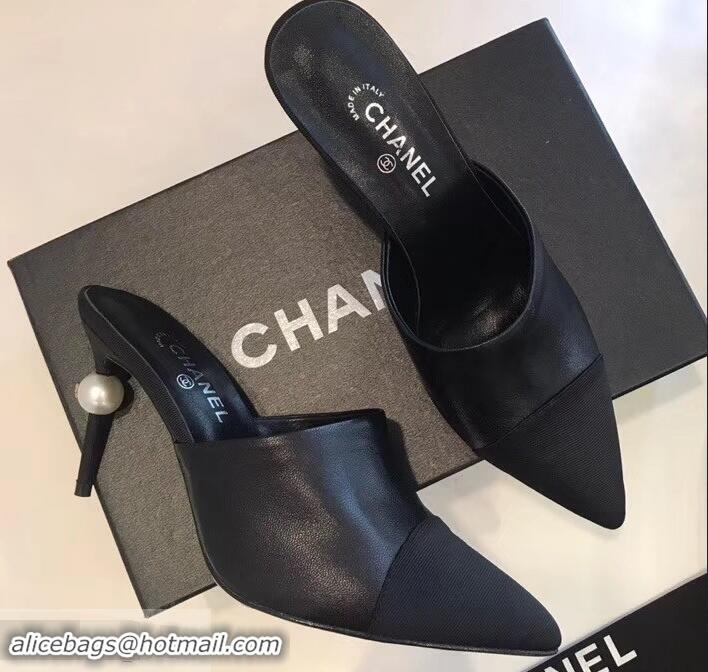 New Cheapest Chanel Pearl Heel 8.5cm Mules G32100 Black 2019