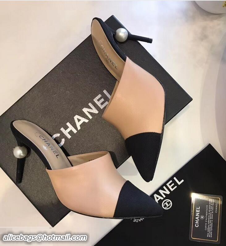 New Stylish Chanel Pearl Heel 8.5cm Mules G32100 Apricot 2019