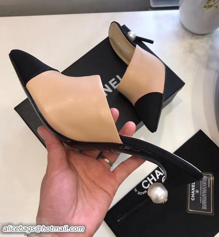 New Stylish Chanel Pearl Heel 8.5cm Mules G32100 Apricot 2019