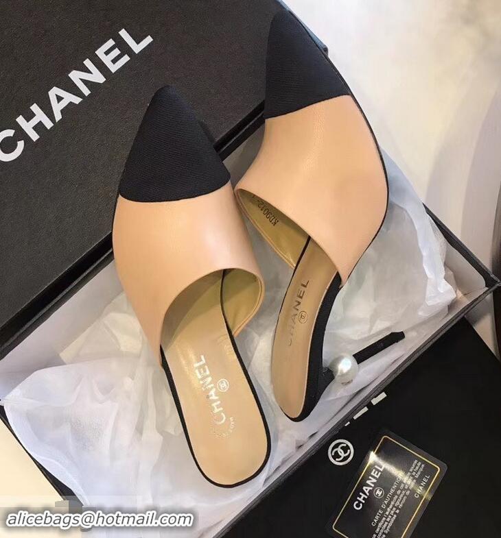 New Stylish Chanel Pearl Heel 8.5cm Mules G32100 Apricot 2019