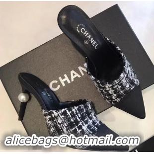 Beautiful New Chanel Pearl Heel 8.5cm Mules G32100 Tweed Black 2019