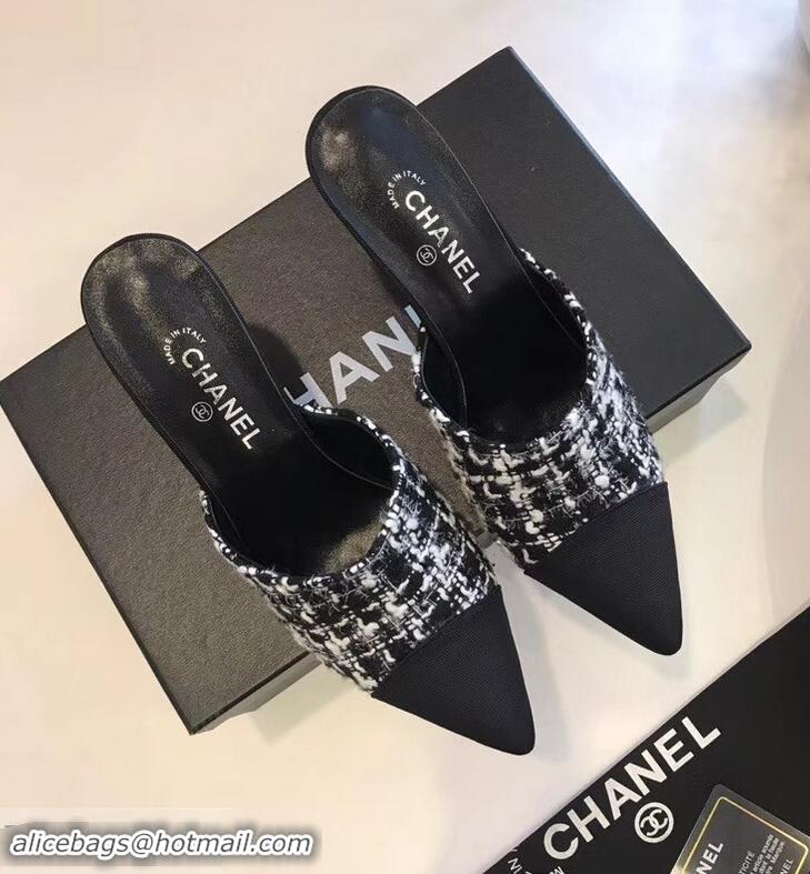 Beautiful New Chanel Pearl Heel 8.5cm Mules G32100 Tweed Black 2019