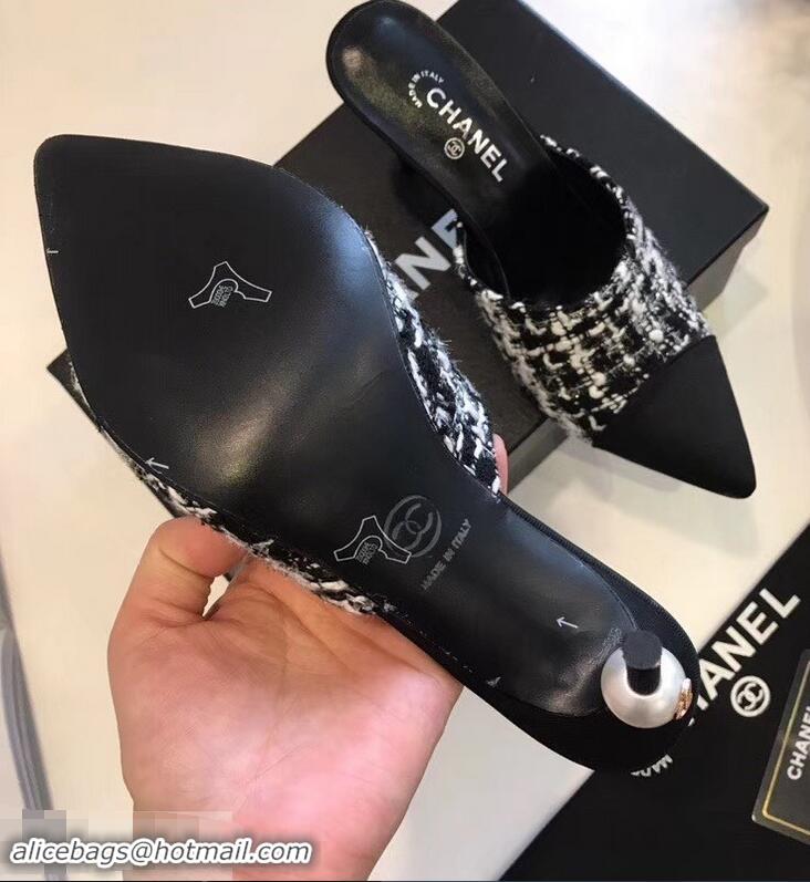 Beautiful New Chanel Pearl Heel 8.5cm Mules G32100 Tweed Black 2019