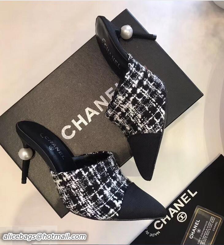 Beautiful New Chanel Pearl Heel 8.5cm Mules G32100 Tweed Black 2019