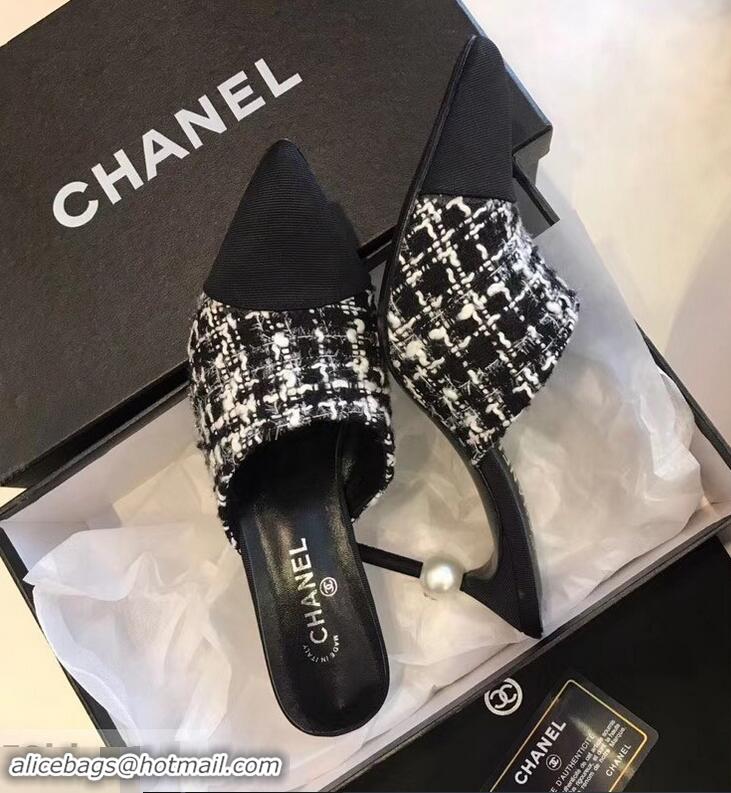 Beautiful New Chanel Pearl Heel 8.5cm Mules G32100 Tweed Black 2019