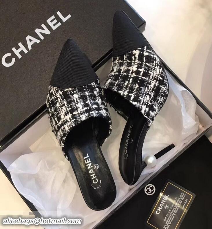 Beautiful New Chanel Pearl Heel 8.5cm Mules G32100 Tweed Black 2019