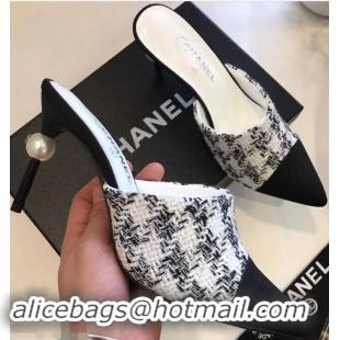 New Design Chanel Pearl Heel 8.5cm Mules G32100 Tweed White 2019