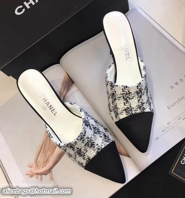 New Design Chanel Pearl Heel 8.5cm Mules G32100 Tweed White 2019