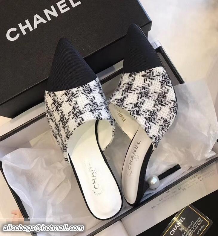 New Design Chanel Pearl Heel 8.5cm Mules G32100 Tweed White 2019