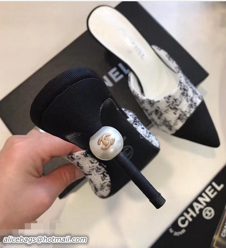 New Design Chanel Pearl Heel 8.5cm Mules G32100 Tweed White 2019