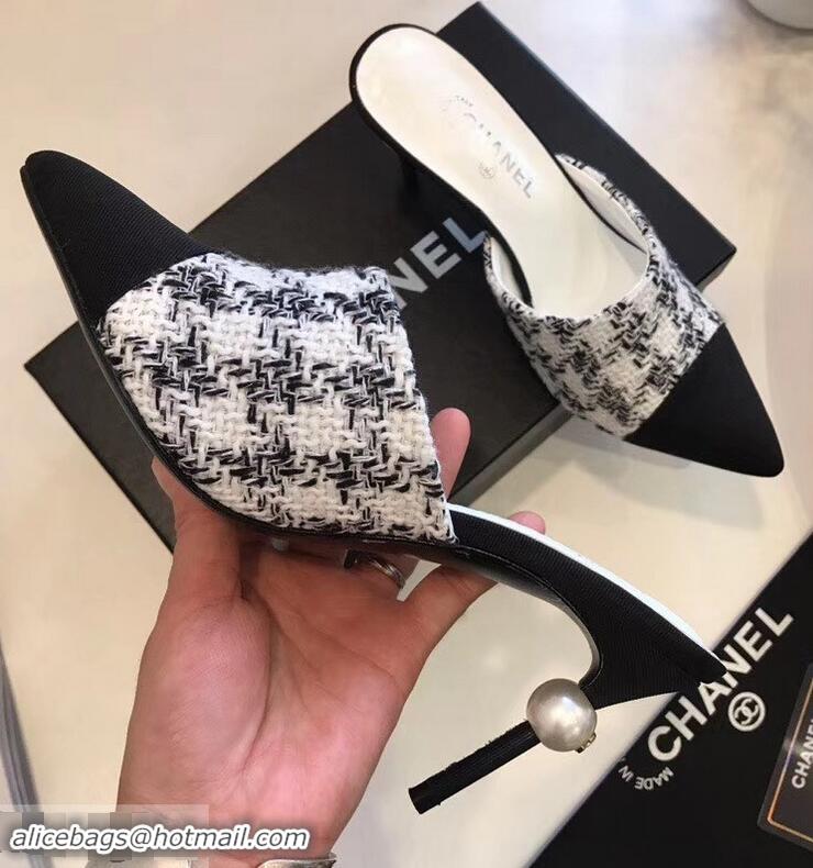 New Design Chanel Pearl Heel 8.5cm Mules G32100 Tweed White 2019