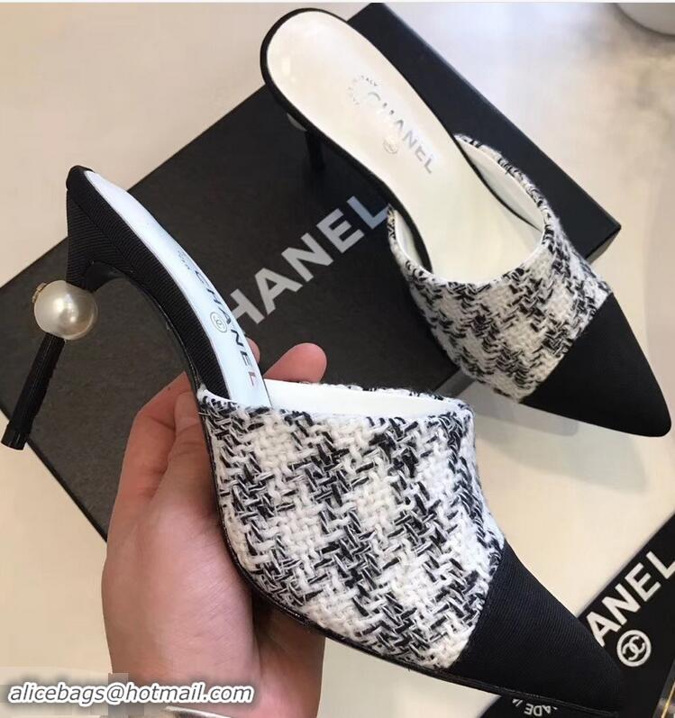 New Design Chanel Pearl Heel 8.5cm Mules G32100 Tweed White 2019