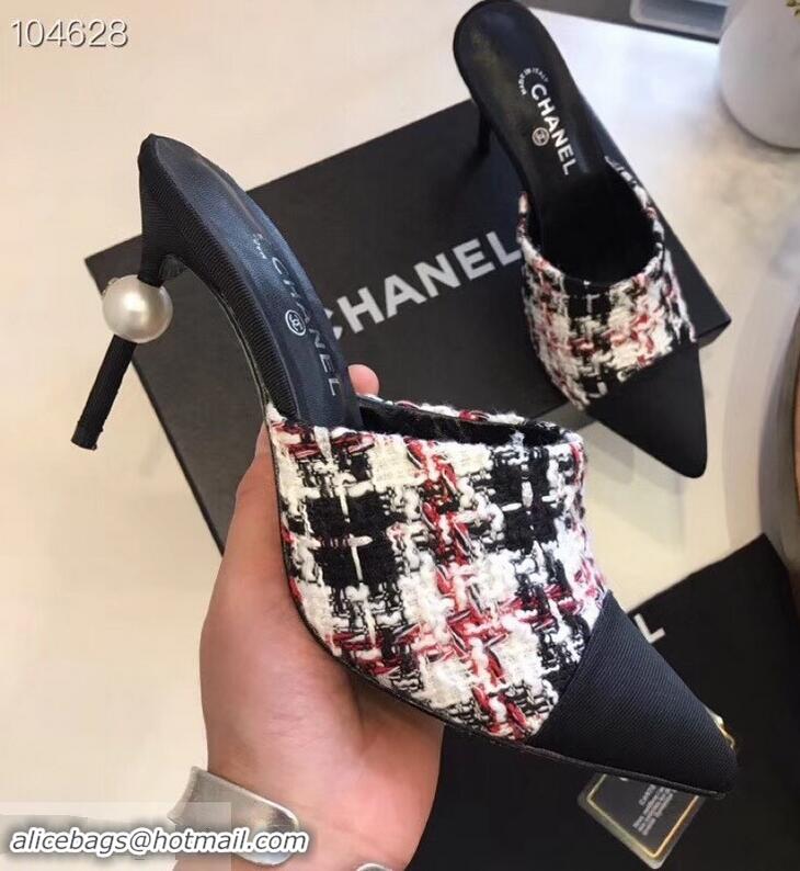 New Product Chanel Pearl Heel 8.5cm Mules G32100 Tweed Red 2019