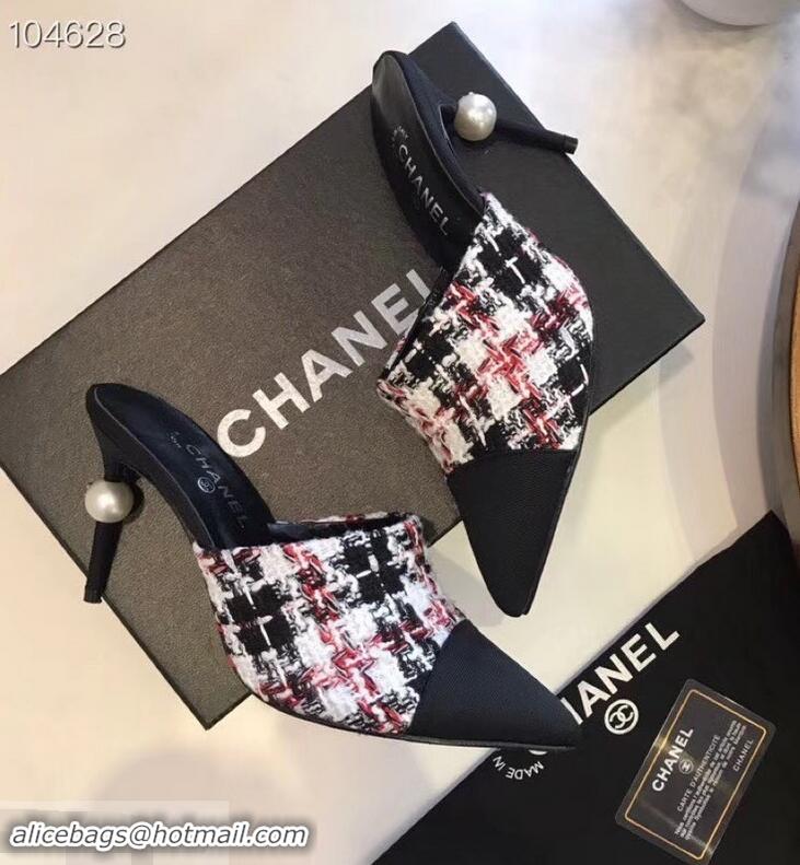 New Product Chanel Pearl Heel 8.5cm Mules G32100 Tweed Red 2019