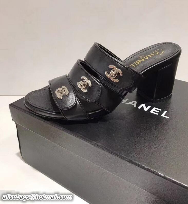 Hot Sale Discount Chanel CC Logo Heel Mules G34670 Black 2019