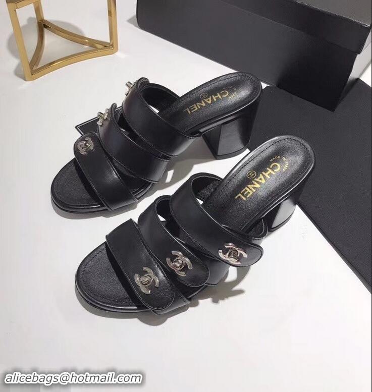 Hot Sale Discount Chanel CC Logo Heel Mules G34670 Black 2019