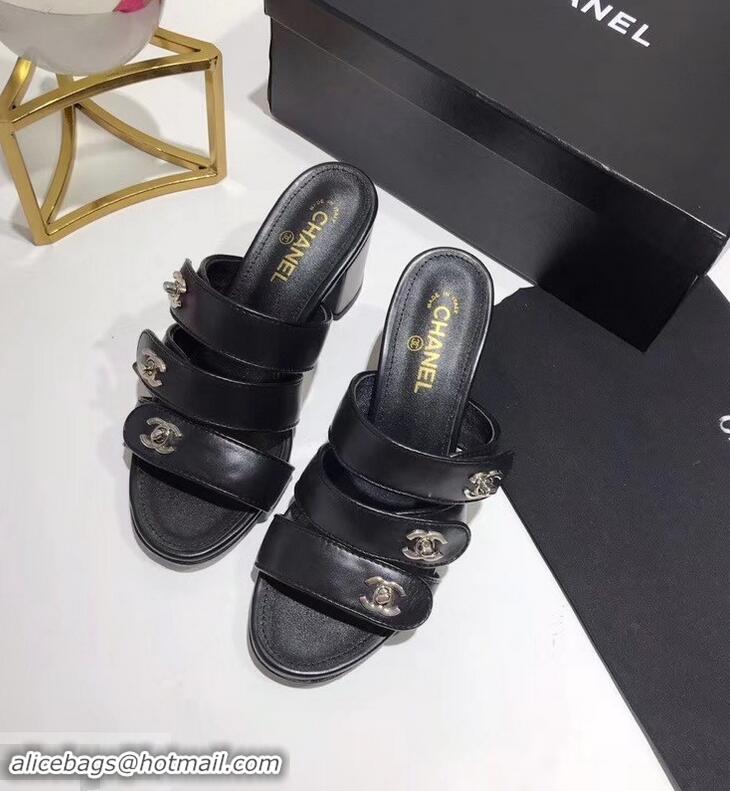 Hot Sale Discount Chanel CC Logo Heel Mules G34670 Black 2019