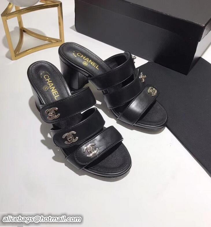 Hot Sale Discount Chanel CC Logo Heel Mules G34670 Black 2019