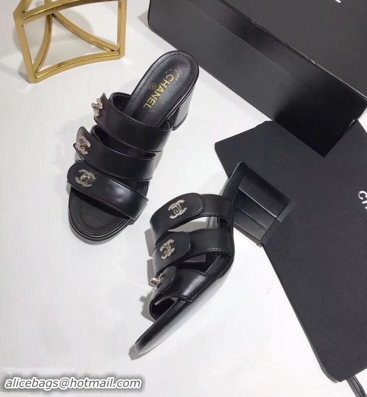 Hot Sale Discount Chanel CC Logo Heel Mules G34670 Black 2019