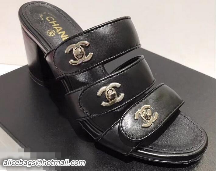 Hot Sale Discount Chanel CC Logo Heel Mules G34670 Black 2019