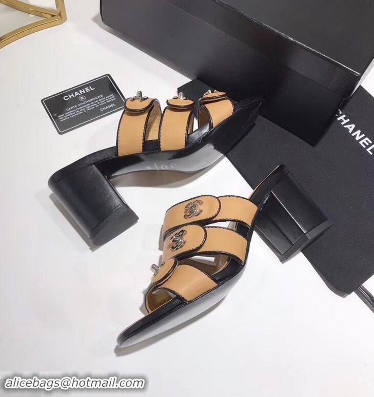 Free Shipping Faux Chanel CC Logo Heel Mules G34670 Apricot 2019