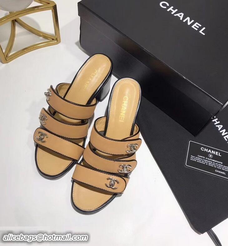 Free Shipping Faux Chanel CC Logo Heel Mules G34670 Apricot 2019