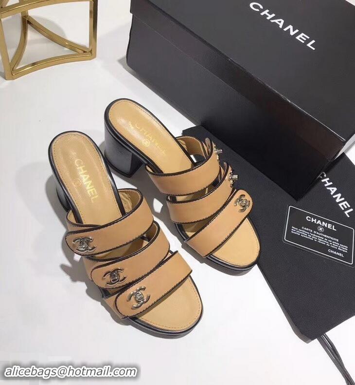 Free Shipping Faux Chanel CC Logo Heel Mules G34670 Apricot 2019