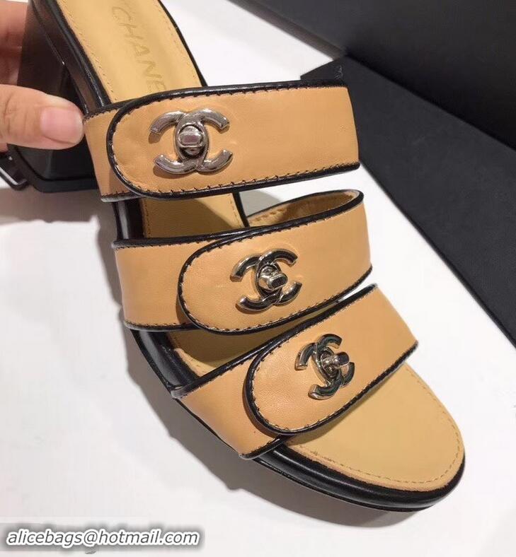 Free Shipping Faux Chanel CC Logo Heel Mules G34670 Apricot 2019