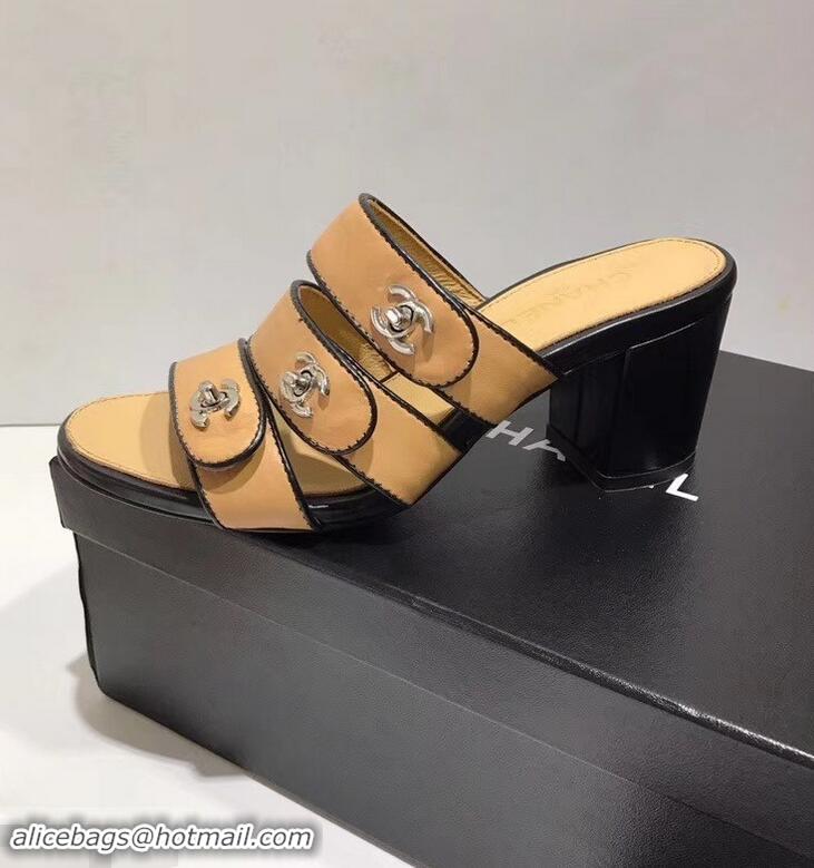 Free Shipping Faux Chanel CC Logo Heel Mules G34670 Apricot 2019