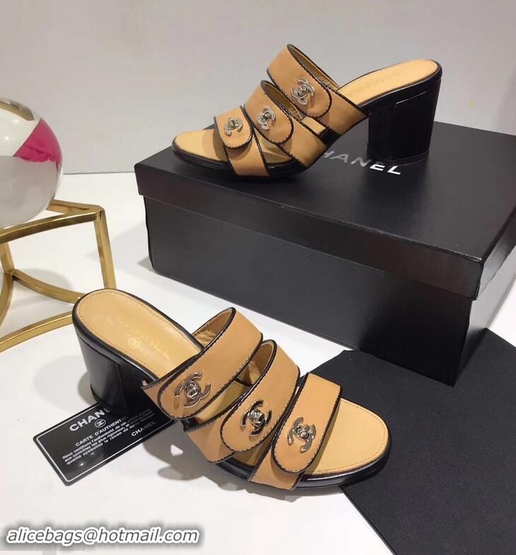 Free Shipping Faux Chanel CC Logo Heel Mules G34670 Apricot 2019