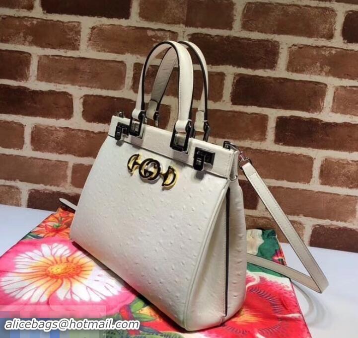 Stylish Gucci Zumi Ostrich Pattern Small Top Handle Bag 569712 White 2019