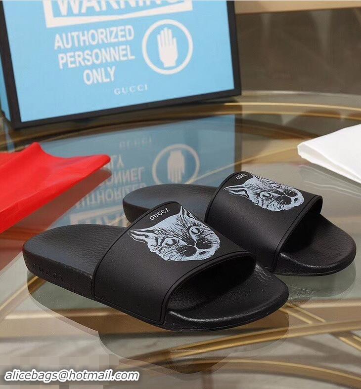 Spot Bulk Replica Gucci Logo Slide Sandals Cat G96601 Black 2019