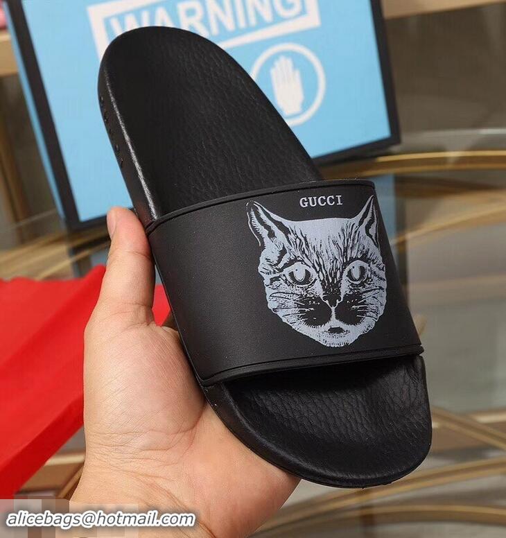 Spot Bulk Replica Gucci Logo Slide Sandals Cat G96601 Black 2019