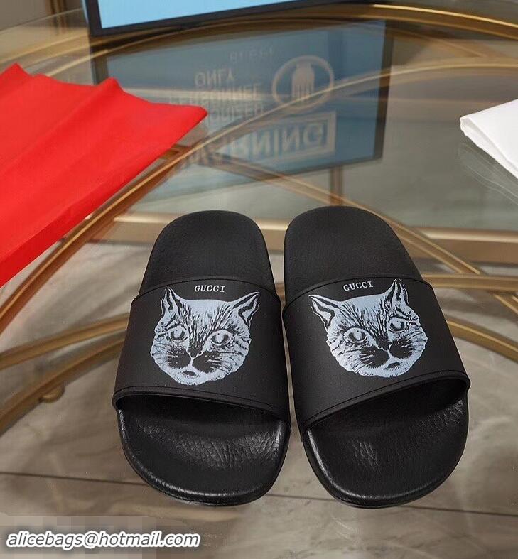 Spot Bulk Replica Gucci Logo Slide Sandals Cat G96601 Black 2019