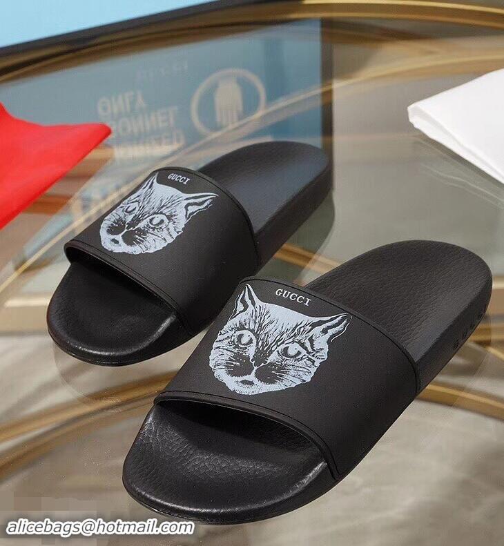 Spot Bulk Replica Gucci Logo Slide Sandals Cat G96601 Black 2019