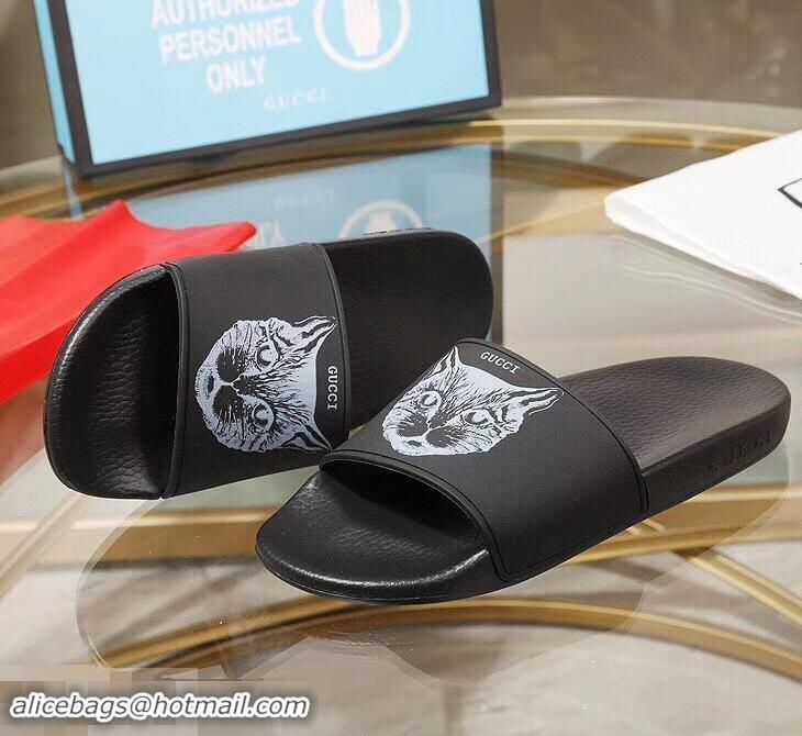 Spot Bulk Replica Gucci Logo Slide Sandals Cat G96601 Black 2019