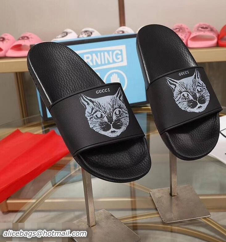 Spot Bulk Replica Gucci Logo Slide Sandals Cat G96601 Black 2019