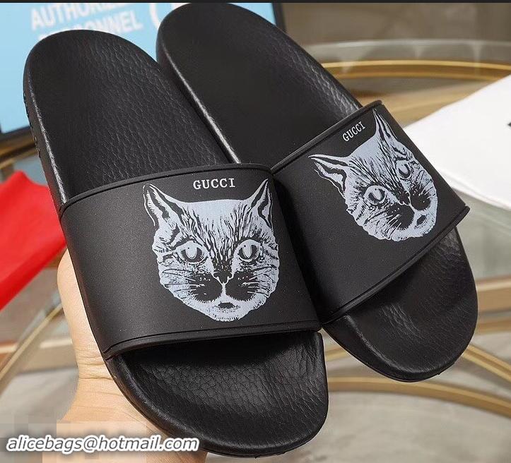 Spot Bulk Replica Gucci Logo Slide Sandals Cat G96601 Black 2019