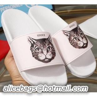 Imitation Bulk Replica Gucci Logo Slide Sandals Cat G96601 White 2019