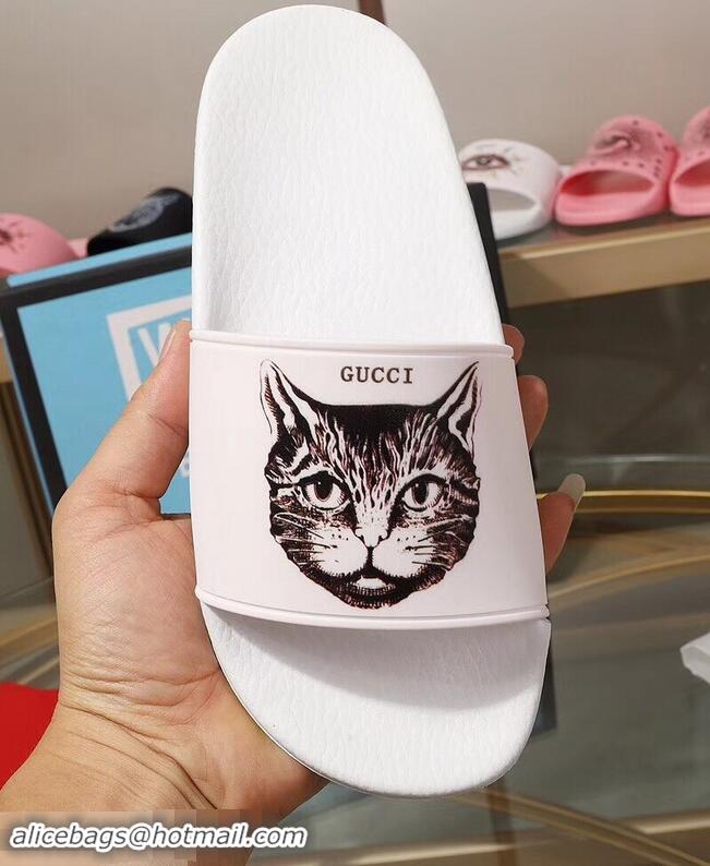 Imitation Bulk Replica Gucci Logo Slide Sandals Cat G96601 White 2019