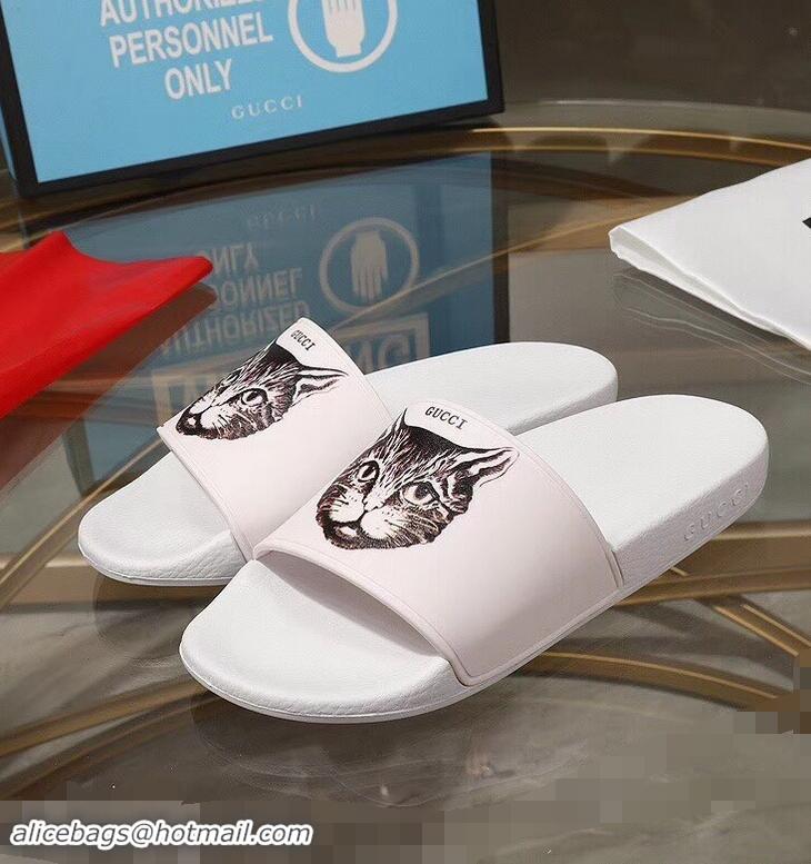 Imitation Bulk Replica Gucci Logo Slide Sandals Cat G96601 White 2019